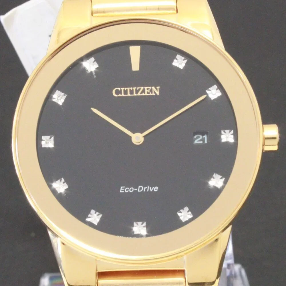 Citizen Axiom Eco Drive Men's Watch Diamond Indices Gold Tone Black Dial 40mm